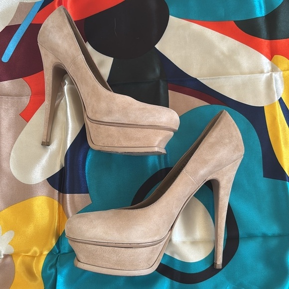 Yves Saint Laurent Suede Cream Platform Pumps Stiletto Heels Neutral Italy - Picture 10 of 16
